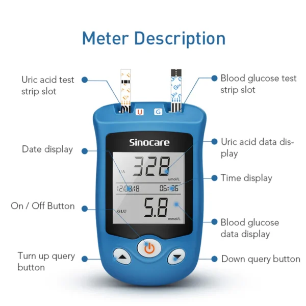 Sinocare Blood Glucose Uric Acid Meter with Advanced Test Strips Lancet Safe AQ UG for Multifunctions