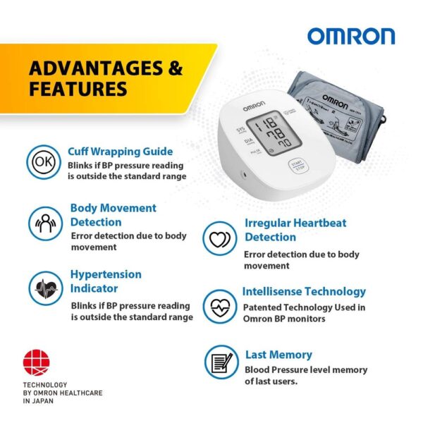 Omron Hem 7121J Fully Automatic Digital Blood Pressure Monitor with Intellisense Technology & Cuff Wrapping Guide Most Accurate Measurement (White) (Power Source - Battrey)