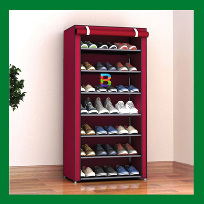 Folding Cloth Shoe Rack (9 Layer) with metal frame, space-saving, and organized shoe storage for home.