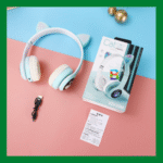 VIV-23M Cat Ear Headphones with LED lights, Bluetooth 5.0, and built-in microphone – available in pink, blue, and purple.