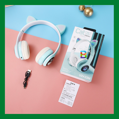 VIV-23M Cat Ear Headphones with LED lights, Bluetooth 5.0, and built-in microphone – available in pink, blue, and purple.
