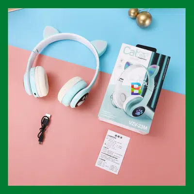 VIV-23M Cat Ear Headphones with LED lights, Bluetooth 5.0, and built-in microphone – available in pink, blue, and purple.